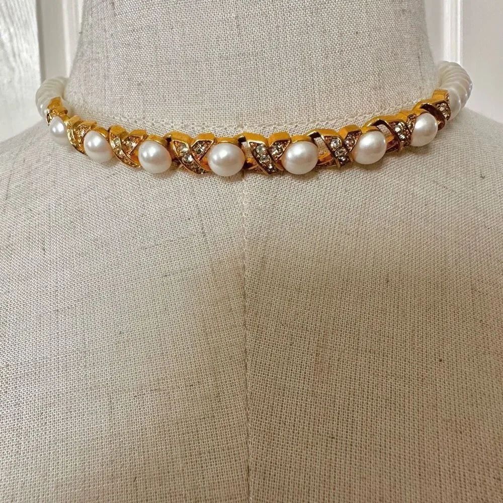 Napier X design faux pearl and gold tone rhinestone choker necklace